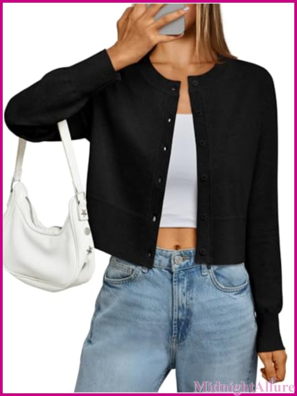 Cropped Lightweight Cardigan Sweater Button Down Crew Neck